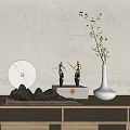 Decorative Ornament Set With Marble Sphere Mountain Base Black Figurines White Vase On Wooden Shelf