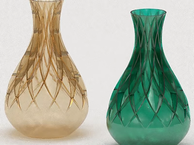 Golden and Green Diamond Patterned Glass Vases with Intricate Carved Design 3d model