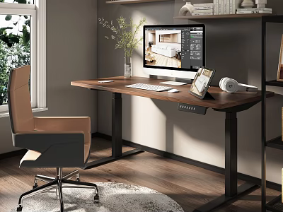 Modern Home Office Desk With Computer Monitor Keyboard Tablet Headphones Green Plant By Window 3d model