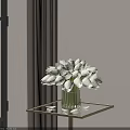 Transparent Vase With White Flowers On Glass Table Near Window With Curtain In Natural Light