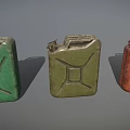 Three Vintage Jerry Cans In Green And Red Colors On Gray Background