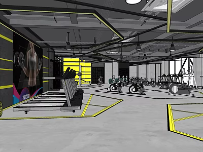 Fitness Gym With Treadmills Exercise Bikes Dumbbell Mural Yellow Lines Open Layout And Natural Light 3d model