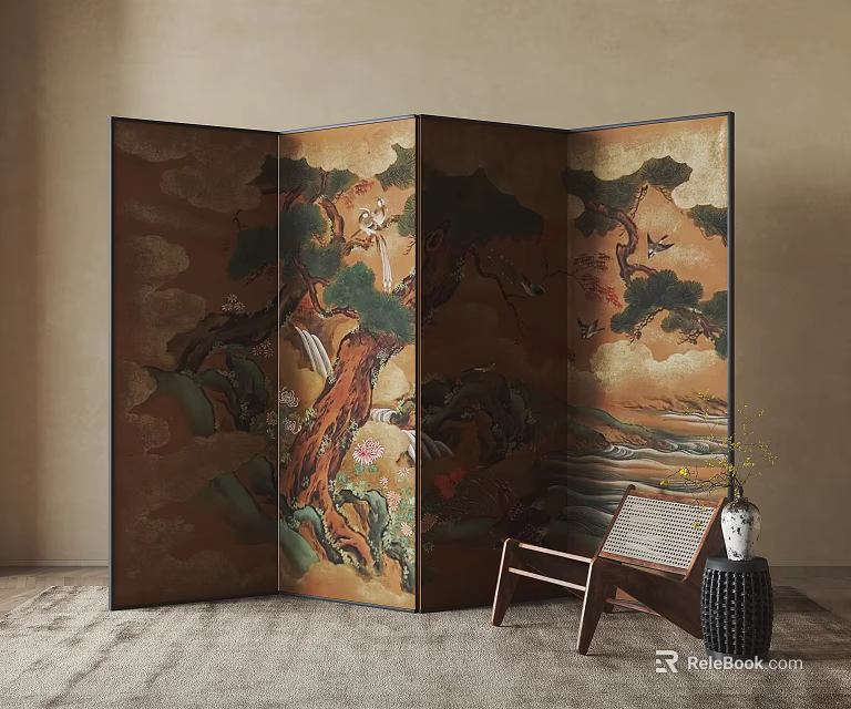 Traditional Decorative Screen With Landscape Painting In Interior Room Featuring Wooden Chair And Ceramic Vase 3d model 