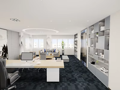 Modern Office Interior Design With Work Desk Computer Sofa Bookshelves And Large Windows 3d model