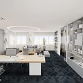 Modern Office Interior Design With Work Desk Computer Sofa Bookshelves And Large Windows 3d model