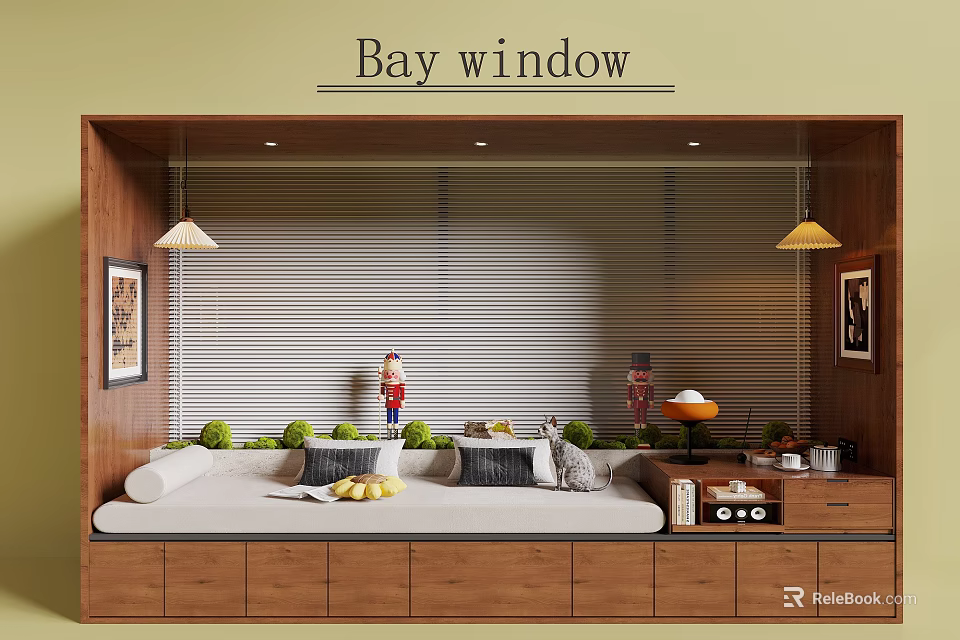 Cozy Bay Window Interior Design With Wooden Frame Blinds Cushions Pendant Lights And Storage Drawers 3d model 