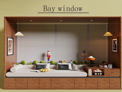 Cozy Bay Window Interior Design With Wooden Frame Blinds Cushions Pendant Lights And Storage Drawers 3d model