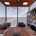 Modern Tea Room Interior With Wooden Ceiling Large Windows Wooden Table And Tea Product Shelves