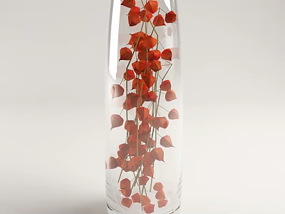 Transparent Glass Vase with Red Decorative Flowers in Simple White Background 3d model