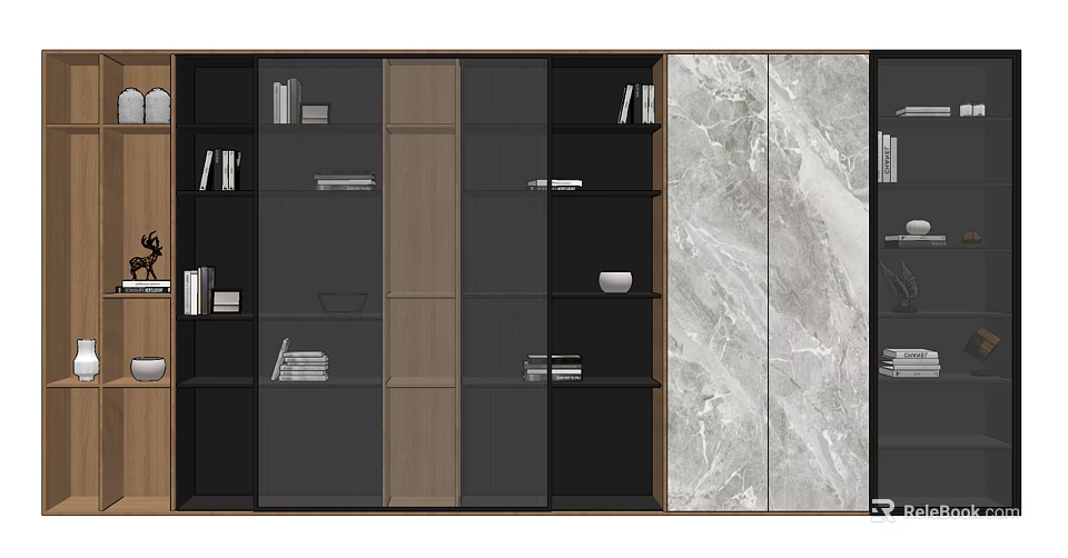 Modern Wooden Bookcase With Glass Doors Open Shelves Storage And Marble Wall Accent 3d model 