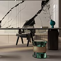 Modern Tea Room Interior Design With Marble Backdrop Long Table And Green Glass Chairs