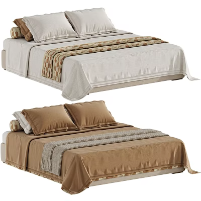 Modern Double Bed With White And Brown Bedding Striped Blankets And Pillows 3d model