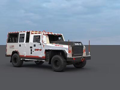 White Emergency Utility Vehicle With Red Stripes Large Tires And Off Road Capability 3d model