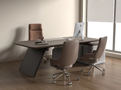 Modern Wooden Office Desk With Laptop Two Brown Chairs And Metal Legs 3d model