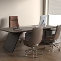 Modern Wooden Office Desk With Laptop Two Brown Chairs And Metal Legs