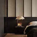 Modern Black Nightstand With Table Lamp Photo Frame And Feather Pendant Light Near Bed