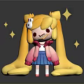 Cute Game Movie Character With Yellow Hair Twin Ponytails Pink Top Blue Skirt And Stars