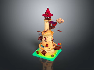 Cartoon Landscape With Red Spire Tower Beige Structure Green Base And Floating Clouds 3d model