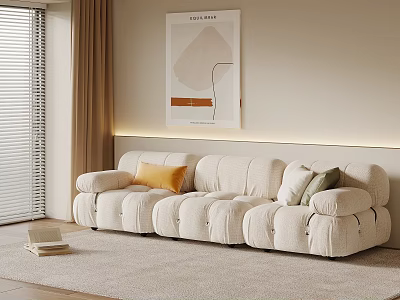 Beige Multi Person Sofa With Decorative Pillows Wall Art And Window Curtains 3d model