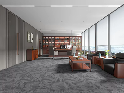 Modern Office Interior Featuring Executive Desk Bookshelf Sofa Large Windows And Area Rug Design 3d model
