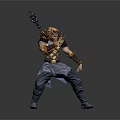 Legendary Warrior Character With Golden Hair Ornate Armor And Trident In Combat Stance