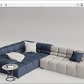 Modern Sectional Sofa Blue And Gray With Plush Cushions Accompanied By Metal Frame Side Table