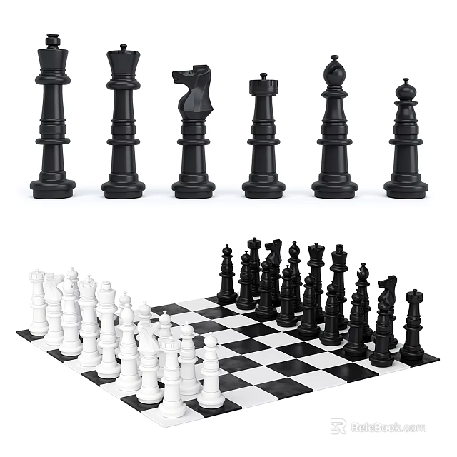 Classic Chess Pieces Sculptures With Black White Design And Chessboard 3d model 