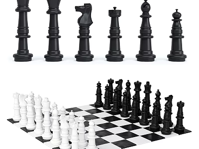 Classic Chess Pieces Sculptures With Black White Design And Chessboard 3d model