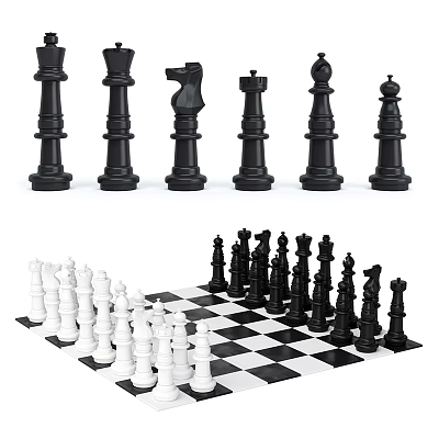 Classic Chess Pieces Sculptures With Black White Design And Chessboard 3d model