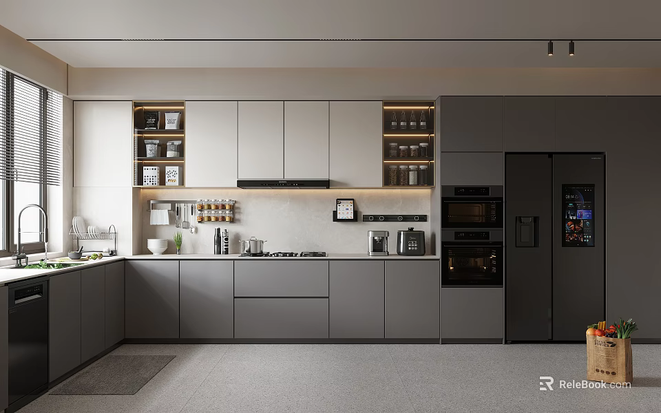 Modern Gray Kitchen With Streamlined Cabinets And Built In Appliances 3d model 