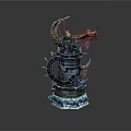 Mechanical Tower Decorative Structure With Blue Gold Accents Gears Chains And Crescent Top Icy Base