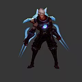 Futuristic Warrior Character With White Hair Glowing Core Black Outfit And Blue Energy Weapons