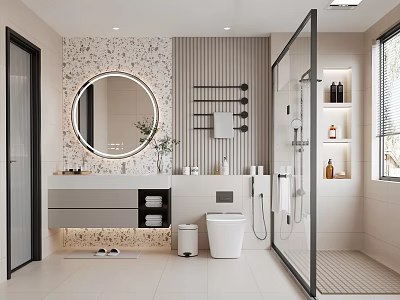 Modern Bathroom Interior Design With Round Mirror Vanity Toilet Shower Enclosure And Patterned Tiles 3d model