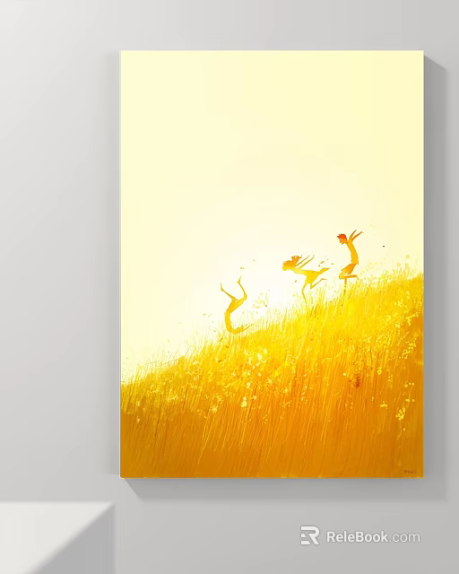 Warm Tone Landscape Painting With Yellow Grassland Three Jumping Figures And Yellow Sky 3d model 