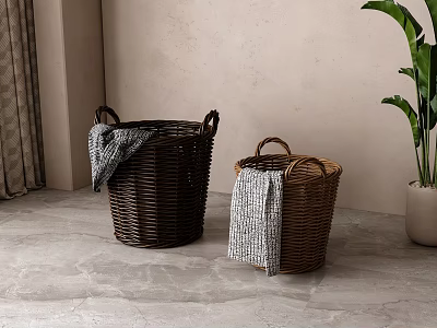 Decorative Woven Brown Storage Baskets With Gray Striped Towel For Home Organizing 3d model