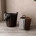 Decorative Woven Brown Storage Baskets With Gray Striped Towel For Home Organizing