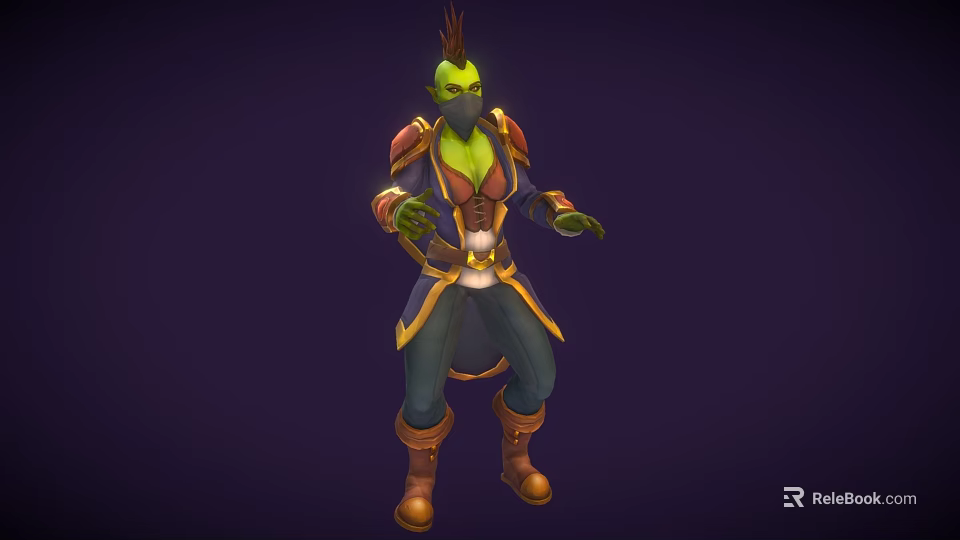 Game Movie Character with Green Skin Spiked Head Red Gold Armor Blue Pants Brown Boots 3d model 