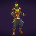 Game Movie Character with Green Skin Spiked Head Red Gold Armor Blue Pants Brown Boots