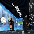 Modern High Tech Exhibition Hall With Screens Reception Desk And Lighting Design