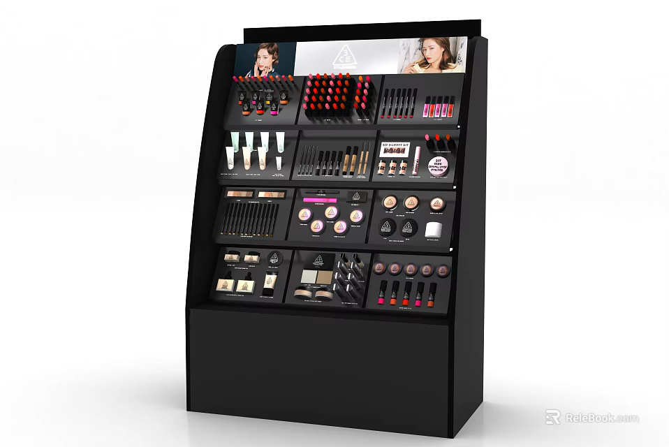 Cosmetics Display Shelf With Top Screen And Organized Makeup Products 3d model 