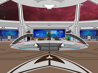Futuristic Control Room With Starry Red Ceiling Control Consoles And Large Display Screens 3d model
