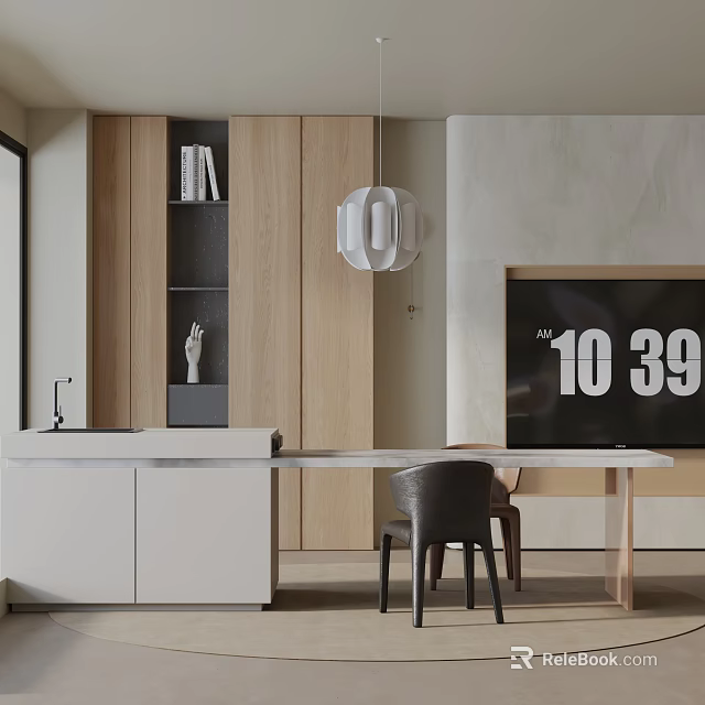 Modern Dining Table Set With Chairs Wooden Cabinets Marble Countertop Hanging Lamp And Minimalist Design 3d model 