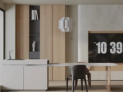 Modern Dining Table Set With Chairs Wooden Cabinets Marble Countertop Hanging Lamp And Minimalist Design 3d model