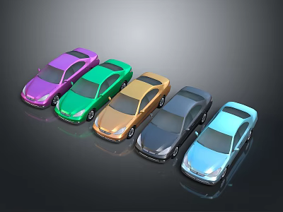 Different Colored Cars Lined Up In Row On Dark Background With Shiny Finish 3d model