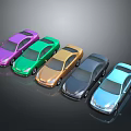 Different Colored Cars Lined Up In Row On Dark Background With Shiny Finish