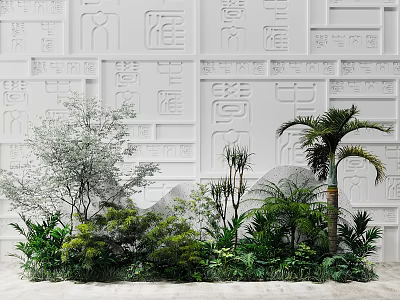 Green Plants Against White Embossed Wall With Various Trees Shrubs Varied Heights Creating Natural Landscape 3d model
