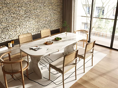 Elegant Dining Table Set With Marble Oval Top Wooden Frame Woven Seats Stone Wall Window 3d model