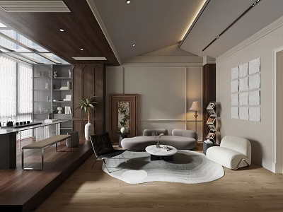 Modern Living Room Interior With Wooden Ceiling White Sofa Round Rug And Large Windows 3d model