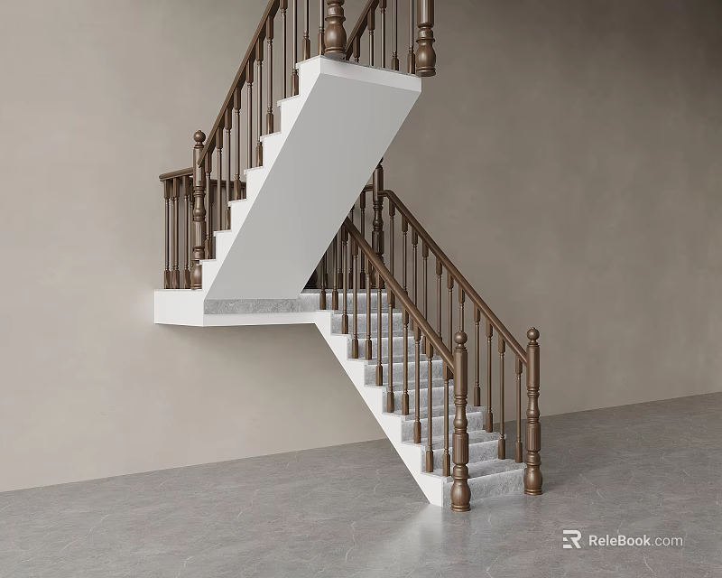 Modern Staircase Design With White Steps And Brown Railings Against Gray Wall 3d model 