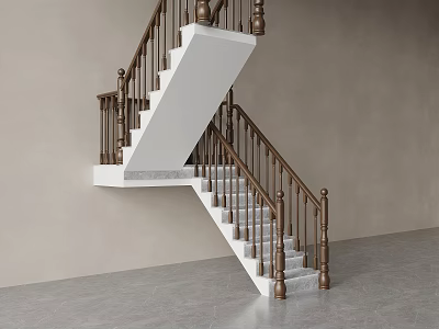 Modern Staircase Design With White Steps And Brown Railings Against Gray Wall 3d model